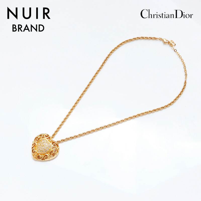 美品 ディオール Dior ハート ネックレス ロゴ ラインストーン ゴールド