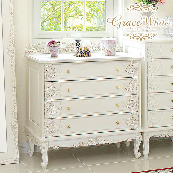 薔薇 キャビネット サイドボード 白家具 猫足 ホワイト 5段サイド