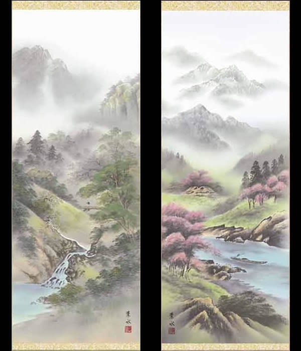 山水、掛け軸古市丈門 （ 淡彩山水）