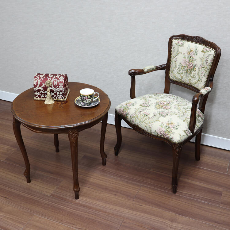 アンティーク調 サイドテーブル 花台 象嵌 天然木 クラシック 丸