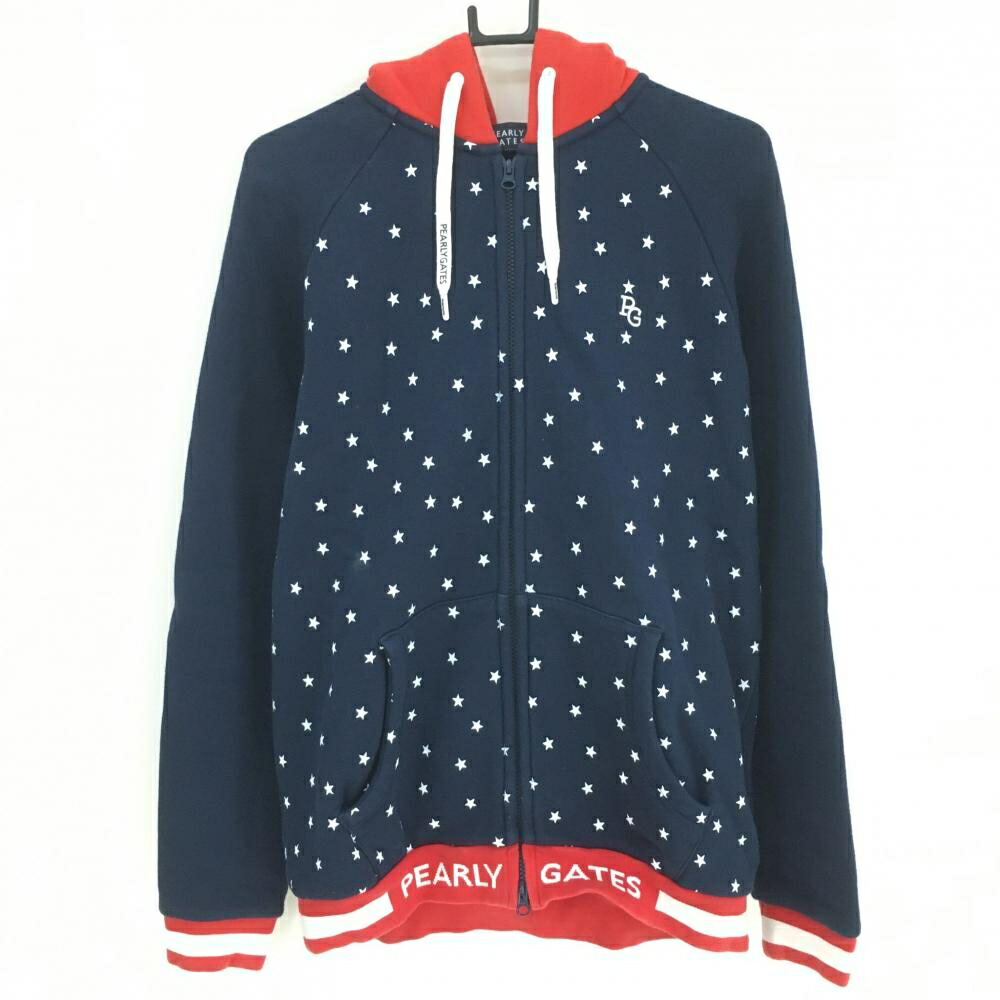パーリーゲイツ ジップパーカー ネイビー×レッド 身頃星柄 裏起毛