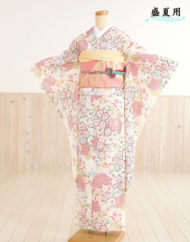 楽天市場】【絽】夏用振袖レンタル さわやかな白地にピンク桜椿花
