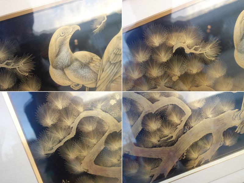 K▽森下弘堂 輪島塗 老松と鷹 沈金 額 扁額 (37424) K▽森下弘堂