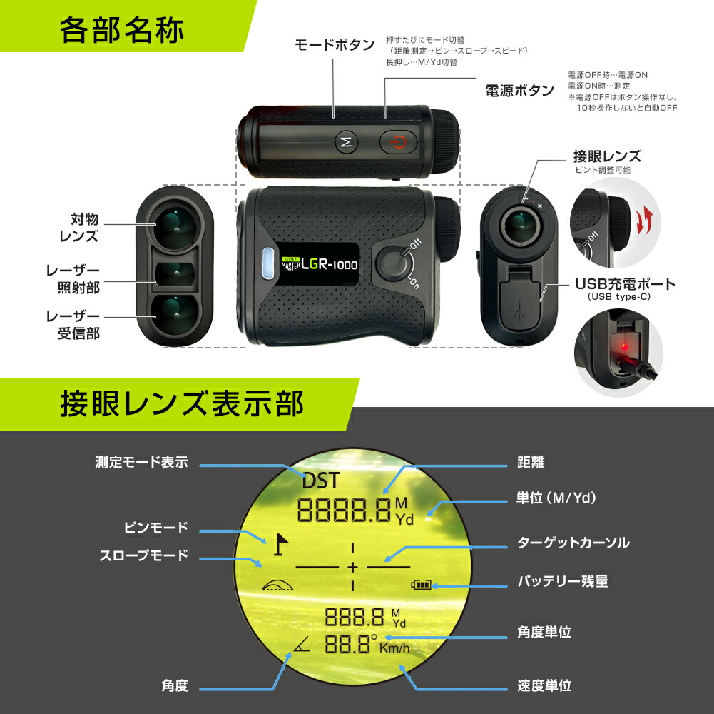 1500ヤード 7倍光学ズーム ゴルフレーザー距離計 USB-C 充電式 1500