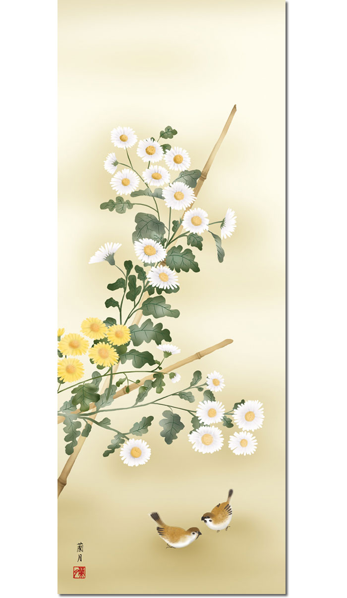 10年保証 掛け軸 花鳥画 秋掛け 菊花 吉井 蘭月 尺三 化粧箱付き 洛彩