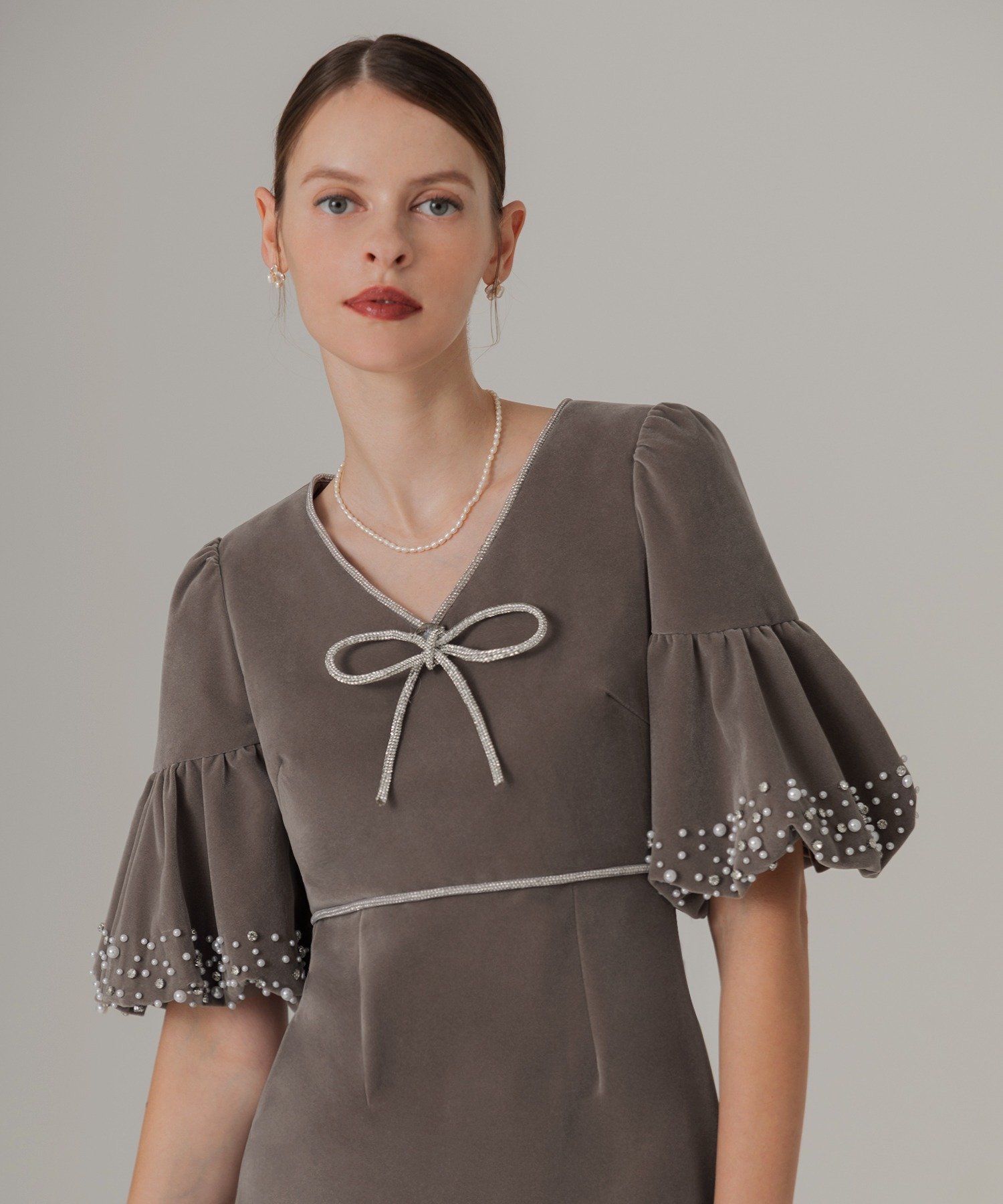 Leja｜LEJA-パールストーンリボンベロアギャザーワンピースドレス 結婚