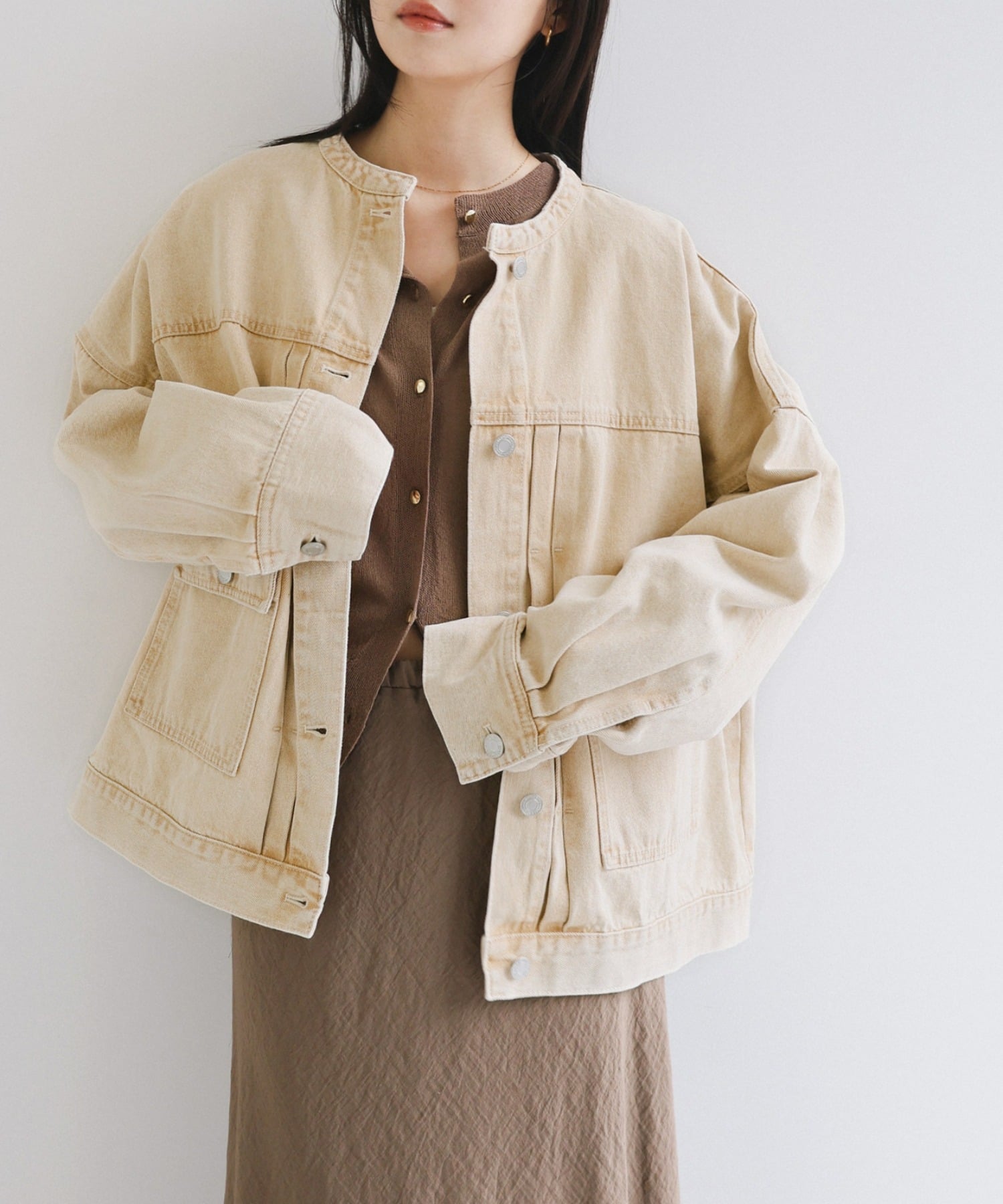 andme｜オーバーサイズ ノーカラー ツイル デニム ジャケット