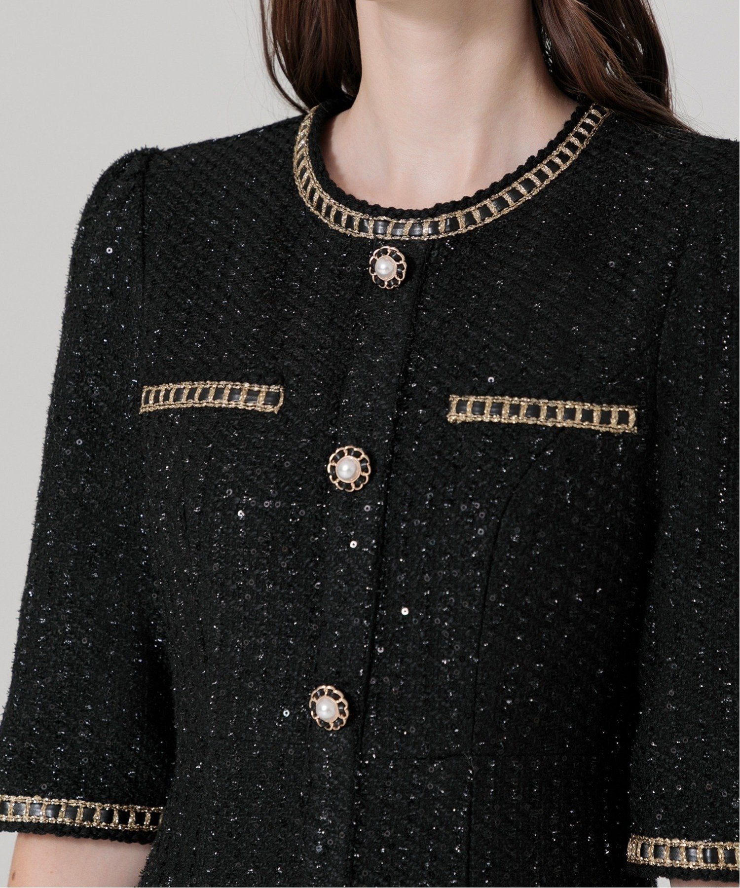 Leja｜LEJA/ラメ混ツイードパール釦スパンコール刺繍ワンピースドレス