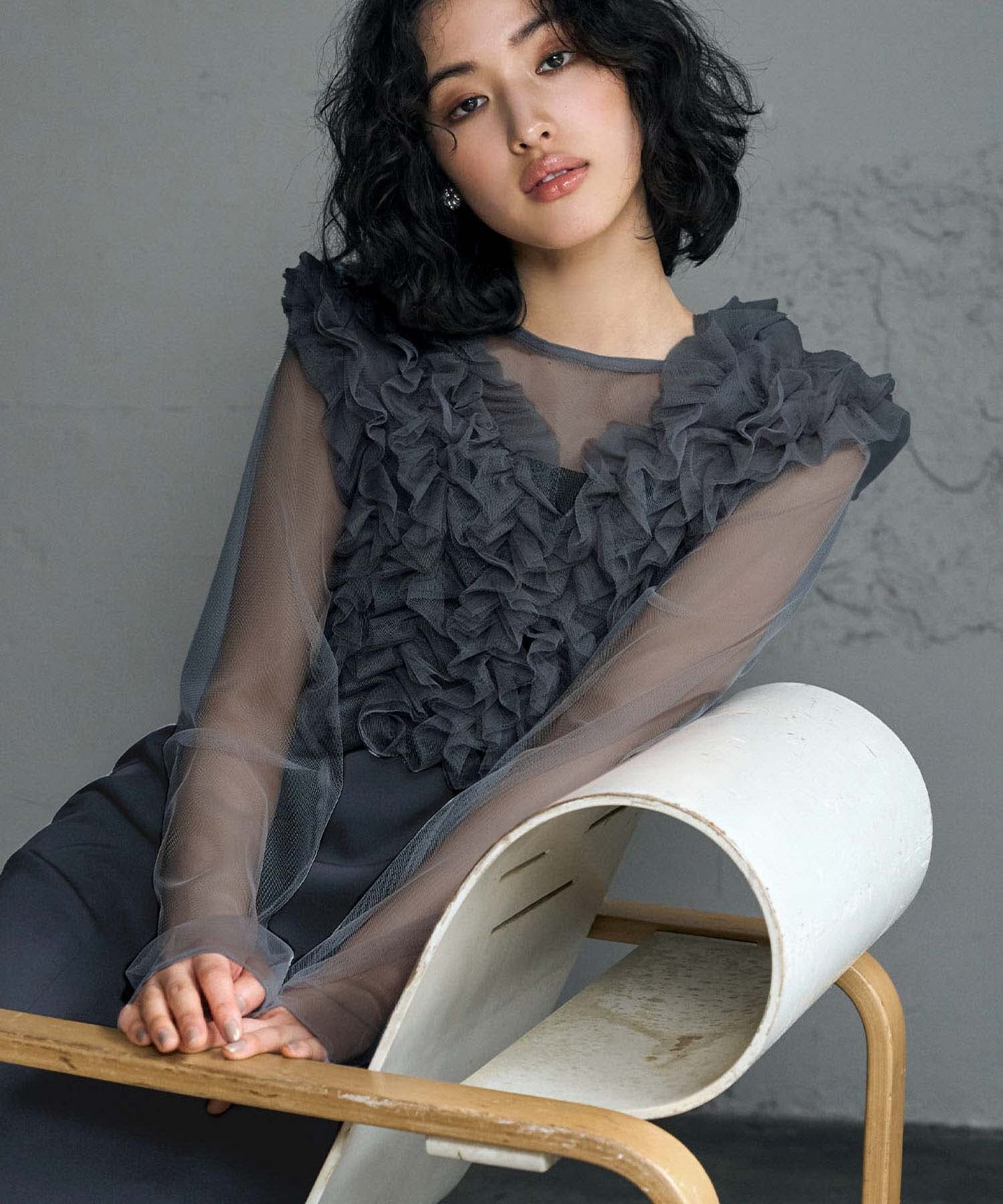 GIRL｜チュールフリルベスト シアートップス キャミワンピース 3点