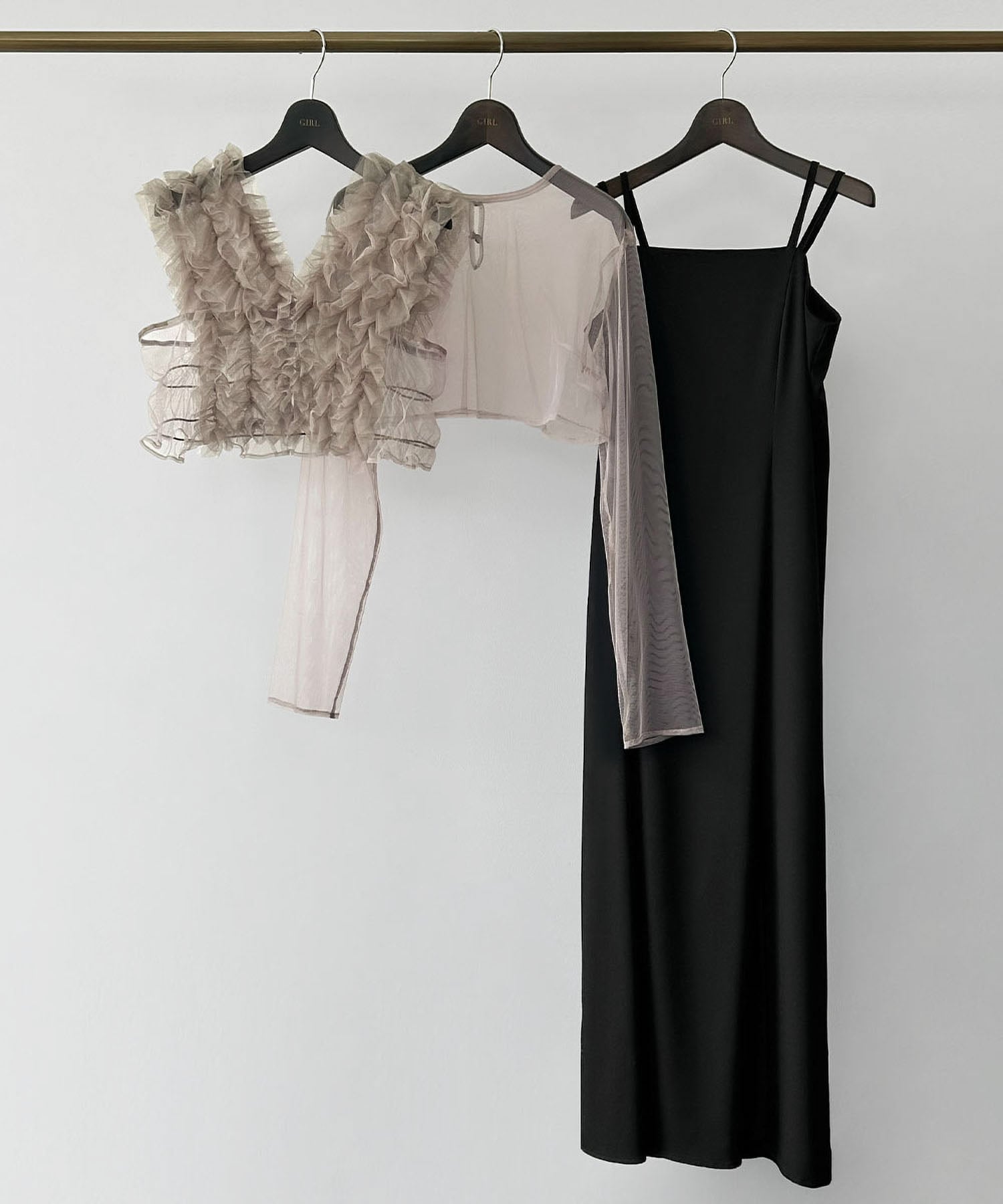 GIRL｜チュールフリルベスト シアートップス キャミワンピース 3点