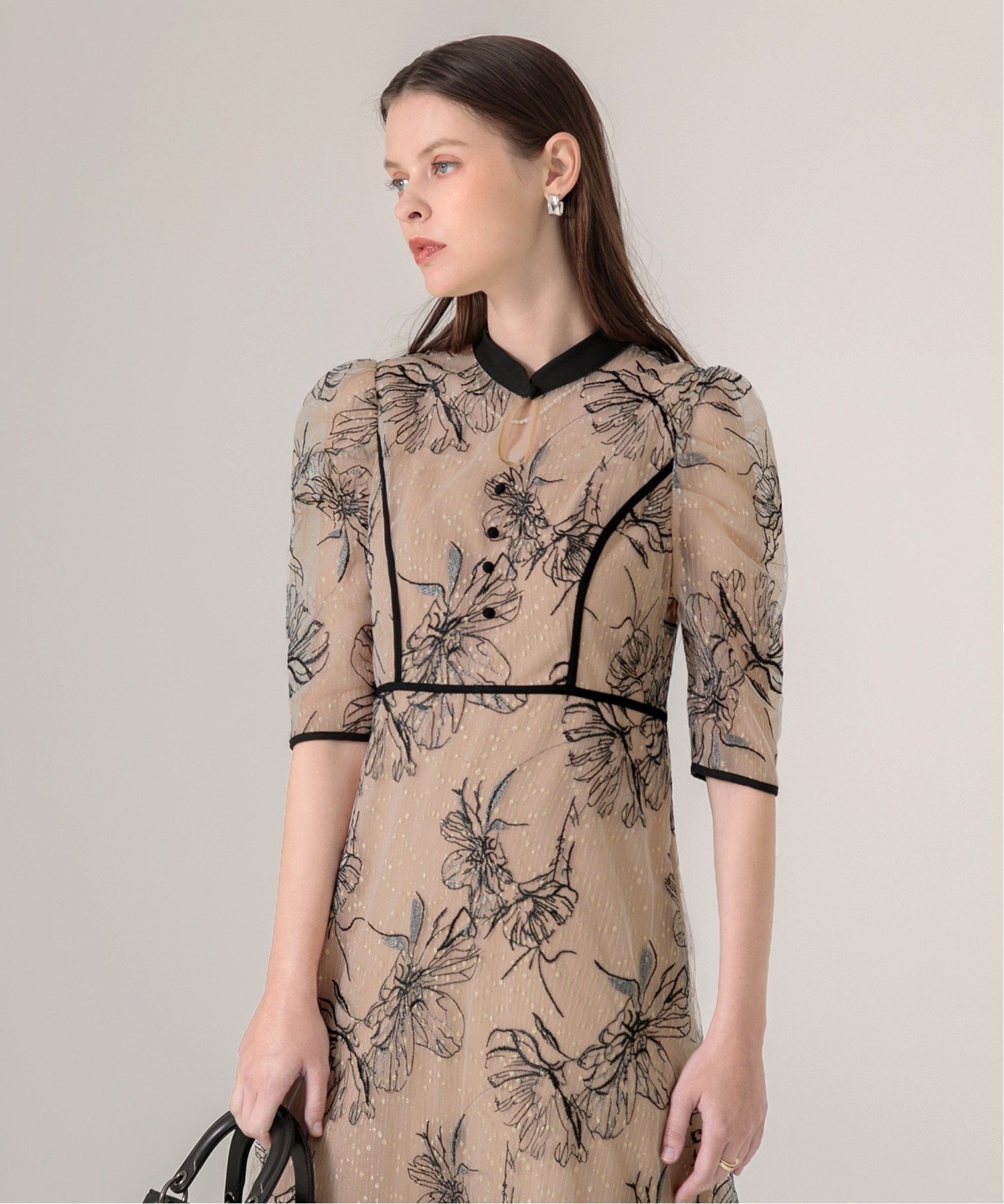 LEJA-配色パイピング花柄ラメレースワンピースドレス 結婚式 S グレー