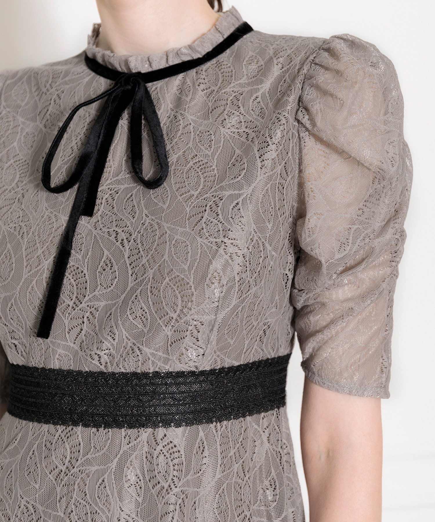 LEJA】パフスリーブウエストリボン総レースロングドレスワンピース