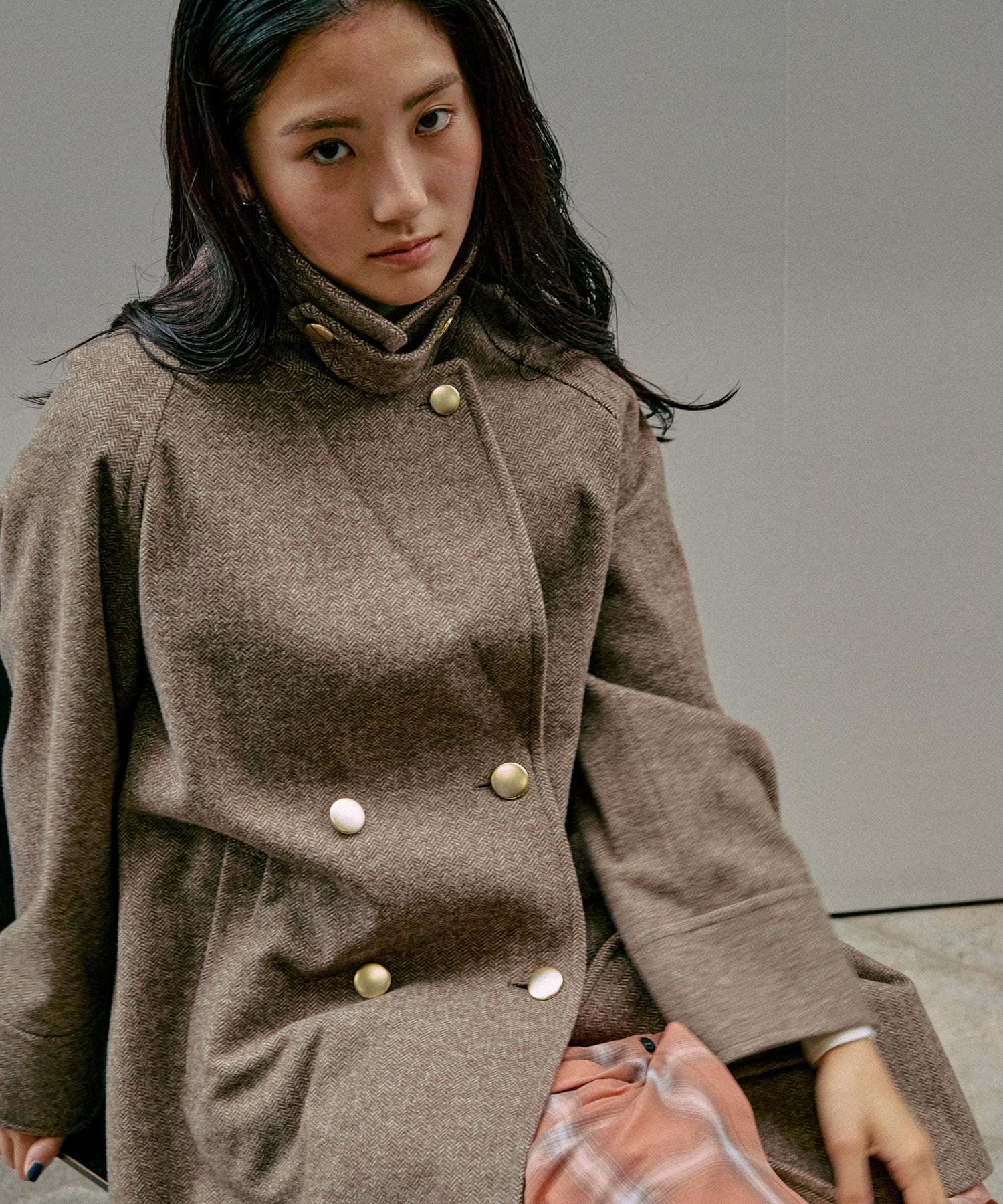 GLOBAL WORK 軽やかストレッチ衿2WAYコート ヘリンボーン L GLOBAL