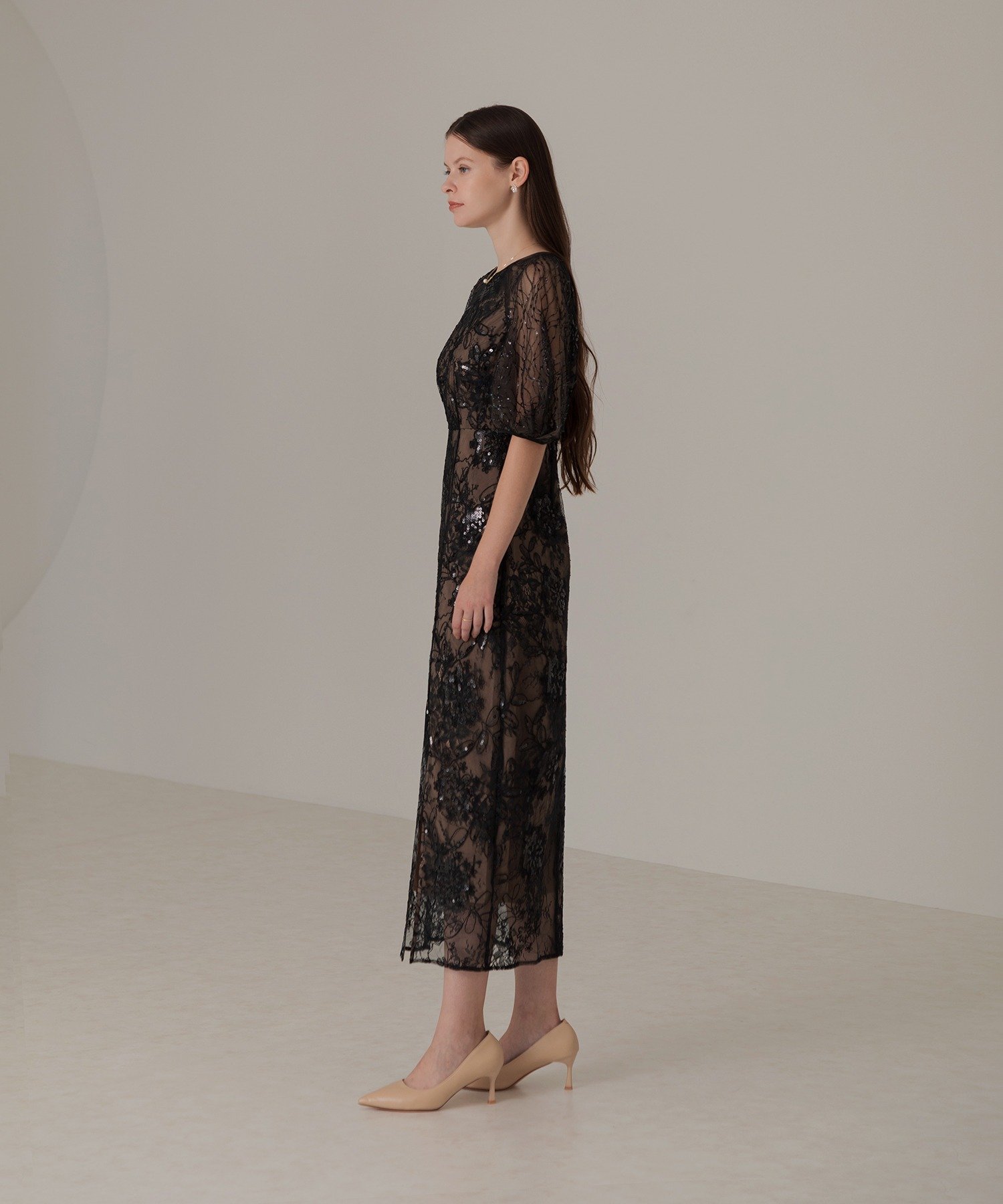 LEJA】スパンコールレーススリーブIラインロングワンピースドレス(S