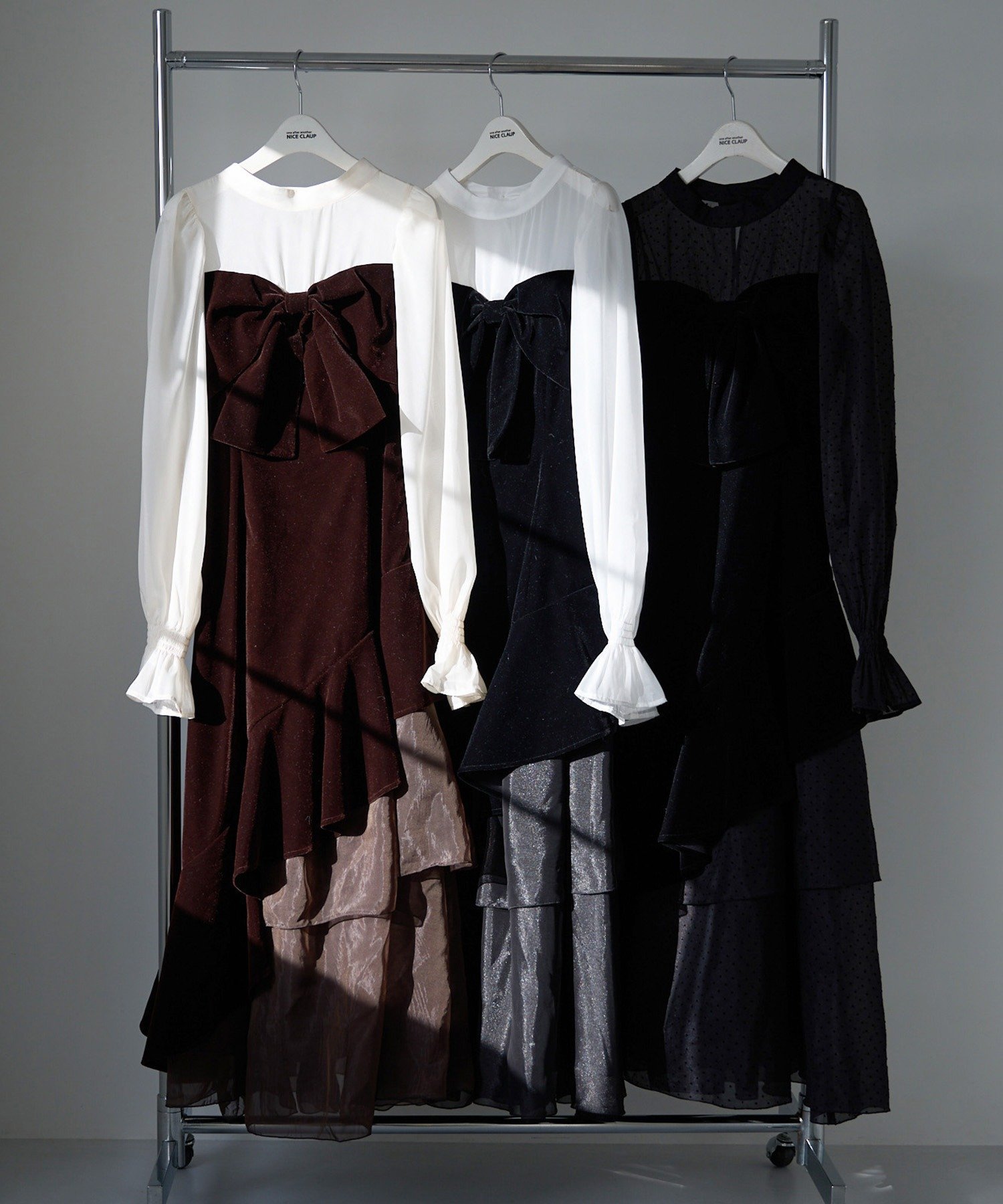 one after another NICE CLAUP｜ベロアリボン異素材ロングワンピース