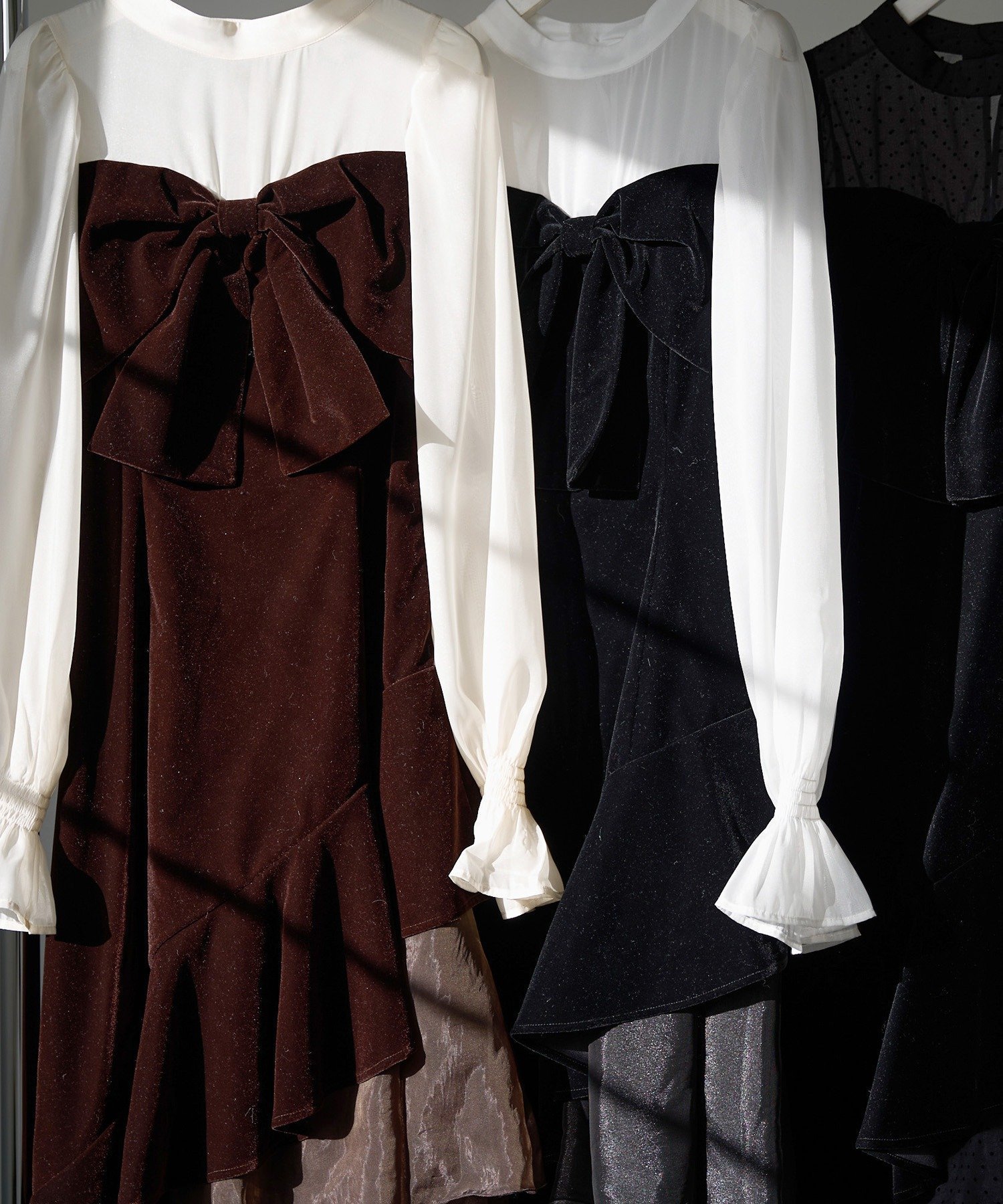 one after another NICE CLAUP｜ベロアリボン異素材ロングワンピース