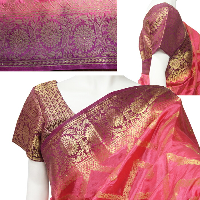 インドサリー豪華な刺繍ピンクシフォン民族衣装