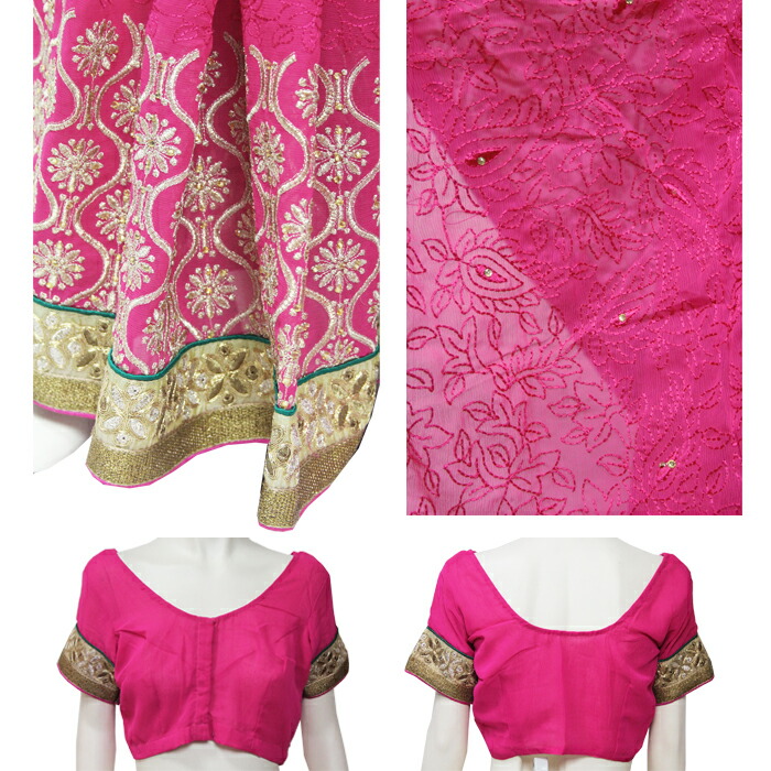 インドサリー豪華な刺繍ピンクシフォン民族衣装