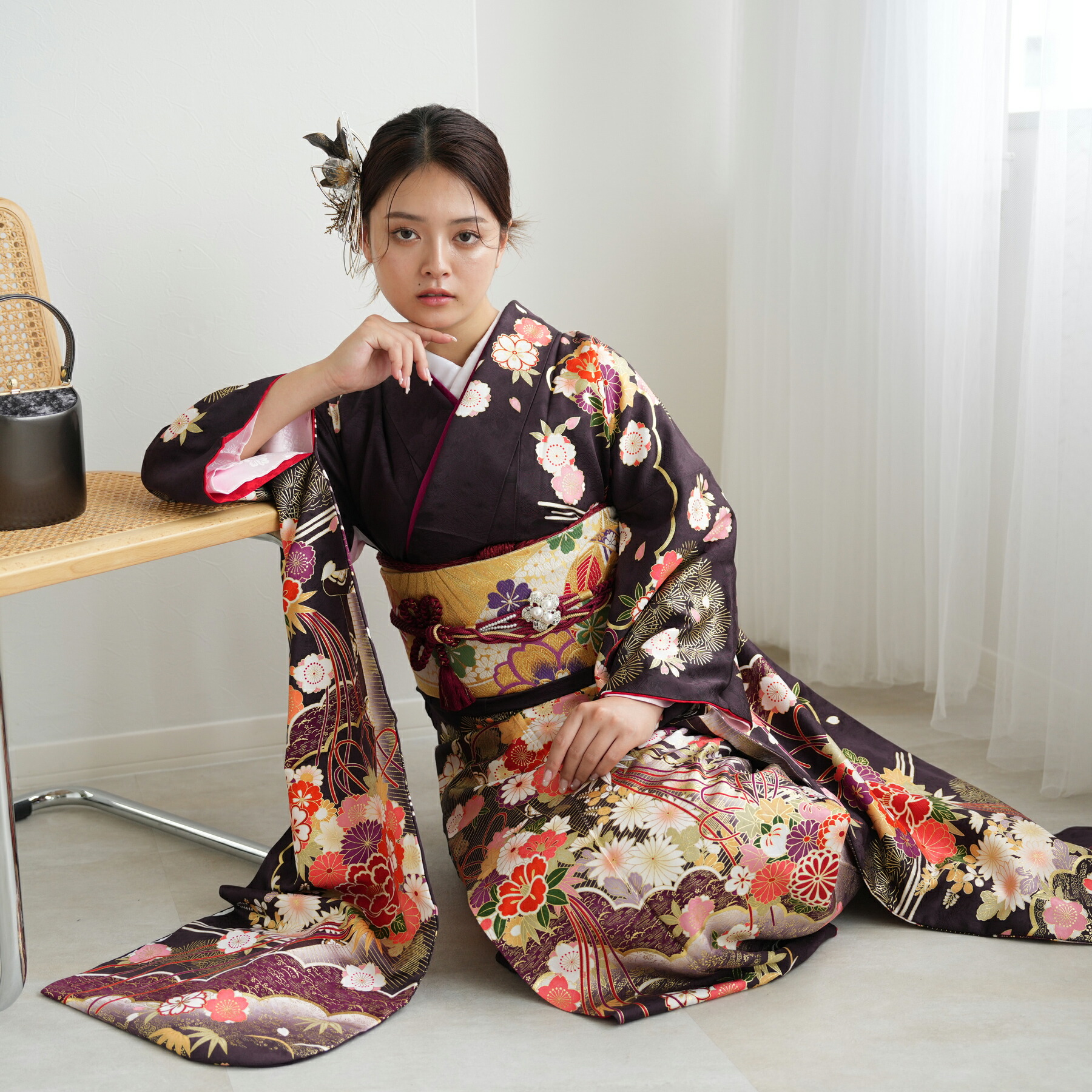 421古典柄アンティーク 黒絞り 正絹振袖8点フルセット正絹長襦袢おまけ