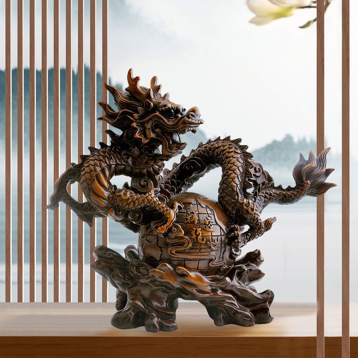 中国美術工芸品 透かし彫り 天然石板 彫刻 福 鳳凰 龍 高さ17.5cm 玉彫