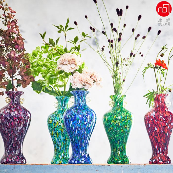 津軽びいどろ 青緑色の流線型ガラス花器 津軽びいどろ 青緑色の流線型