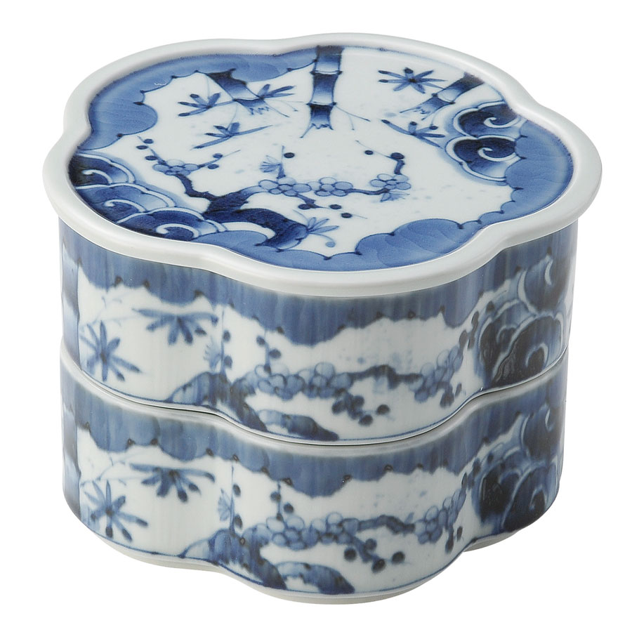 楽天市場】陶器のお重箱【有田焼（染付） 松竹梅 花型二段重】Φ19cm 2