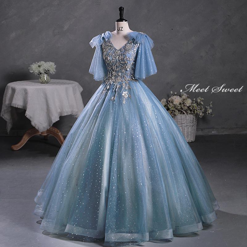 楽天市場】カラードレス 編み上げ ブルー フリル袖 大人 ロングドレス