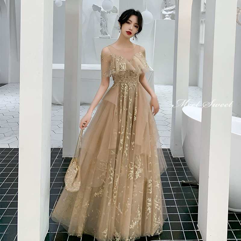 willfullyベージュ フリル付き ロングドレス パーティードレス｜結婚式