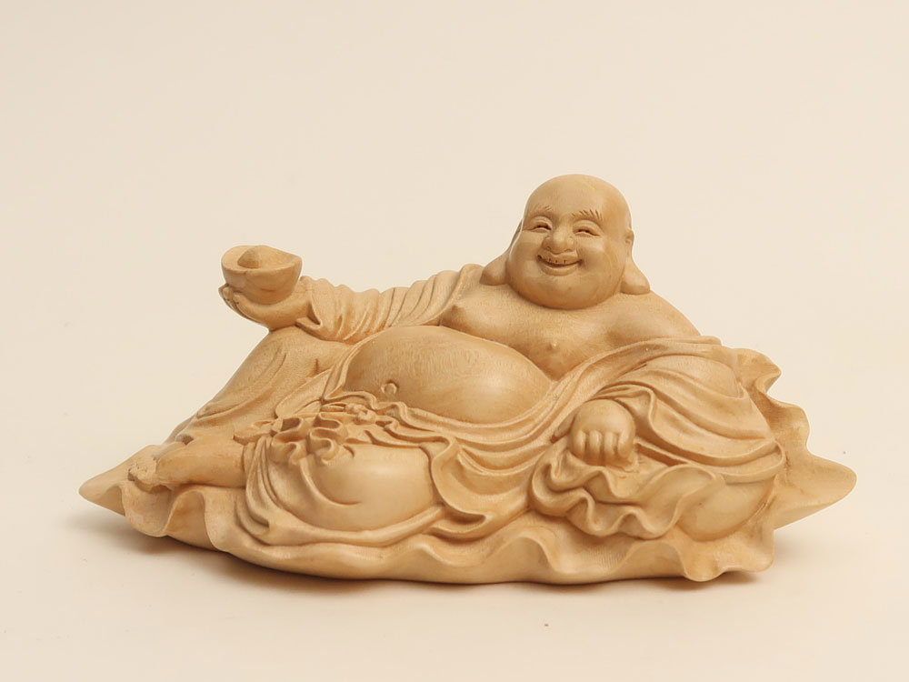 中国美術￼ 一刀彫木彫り、縁起物布袋さん￼ 七福神 布袋様 縁起物