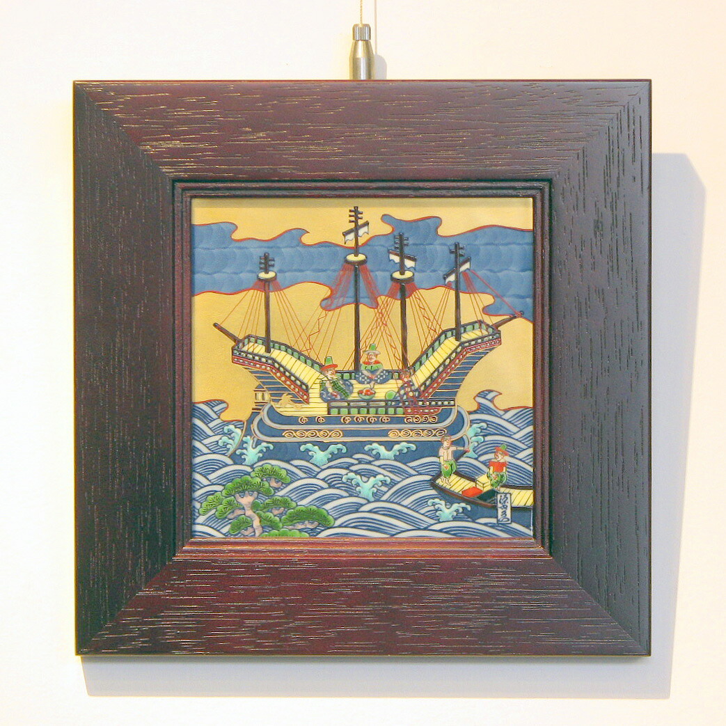 有田焼 源右衛門窯 陶額 陶板画 鶉 金彩染付 染錦粟に鶉絵 源右衛門 陶