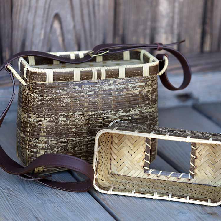 楽天市場】【国産】虎竹二段角魚籠（穴開き）びく ビク 竹籠 竹かご 竹