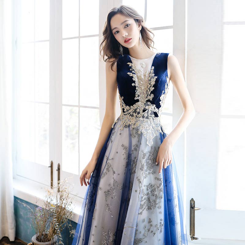 楽天市場】イブニングドレス ロングドレス ネイビー ベロア ベルベット