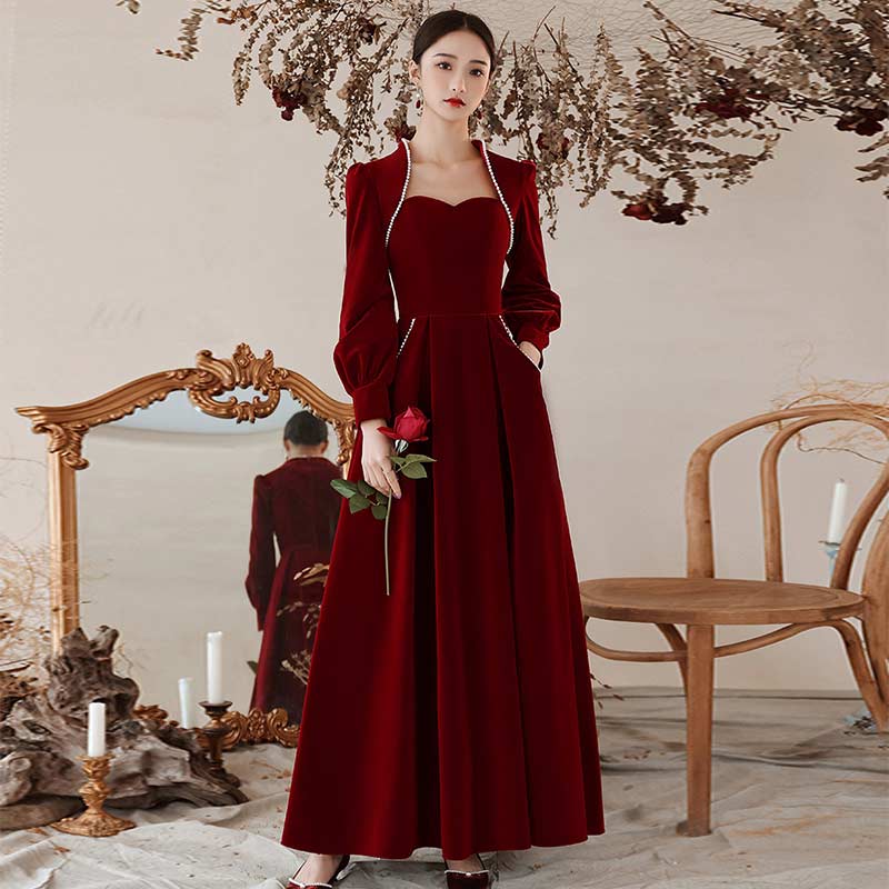 楽天市場】ゲストドレス ワインレッド ベロア ベルベット 長袖 結婚式