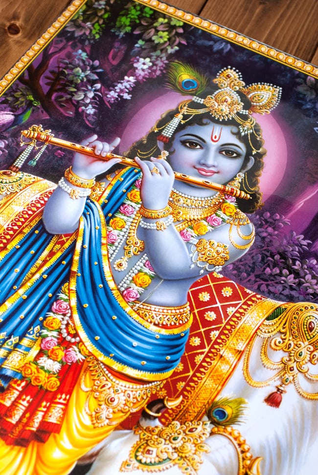 クリシュナ／ヒンドゥー教：油彩 金彩 クリスタル装飾 額装