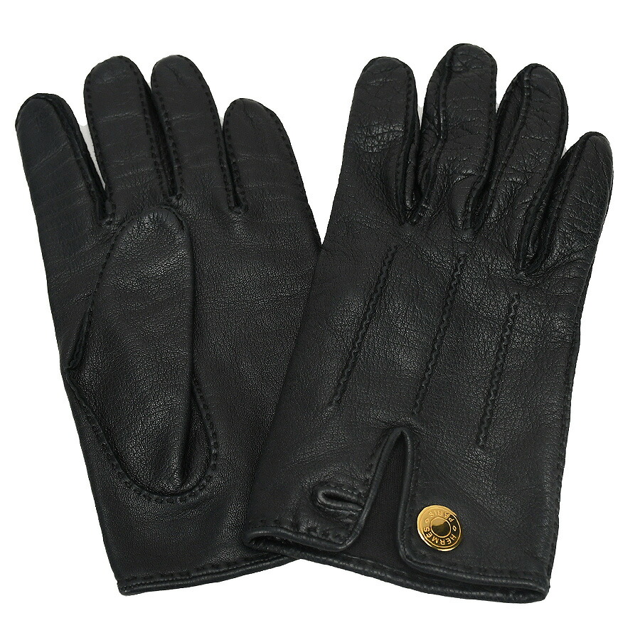 HERMES ブラックレザー手袋 ゴールド金具付き HERMES ブラックレザー