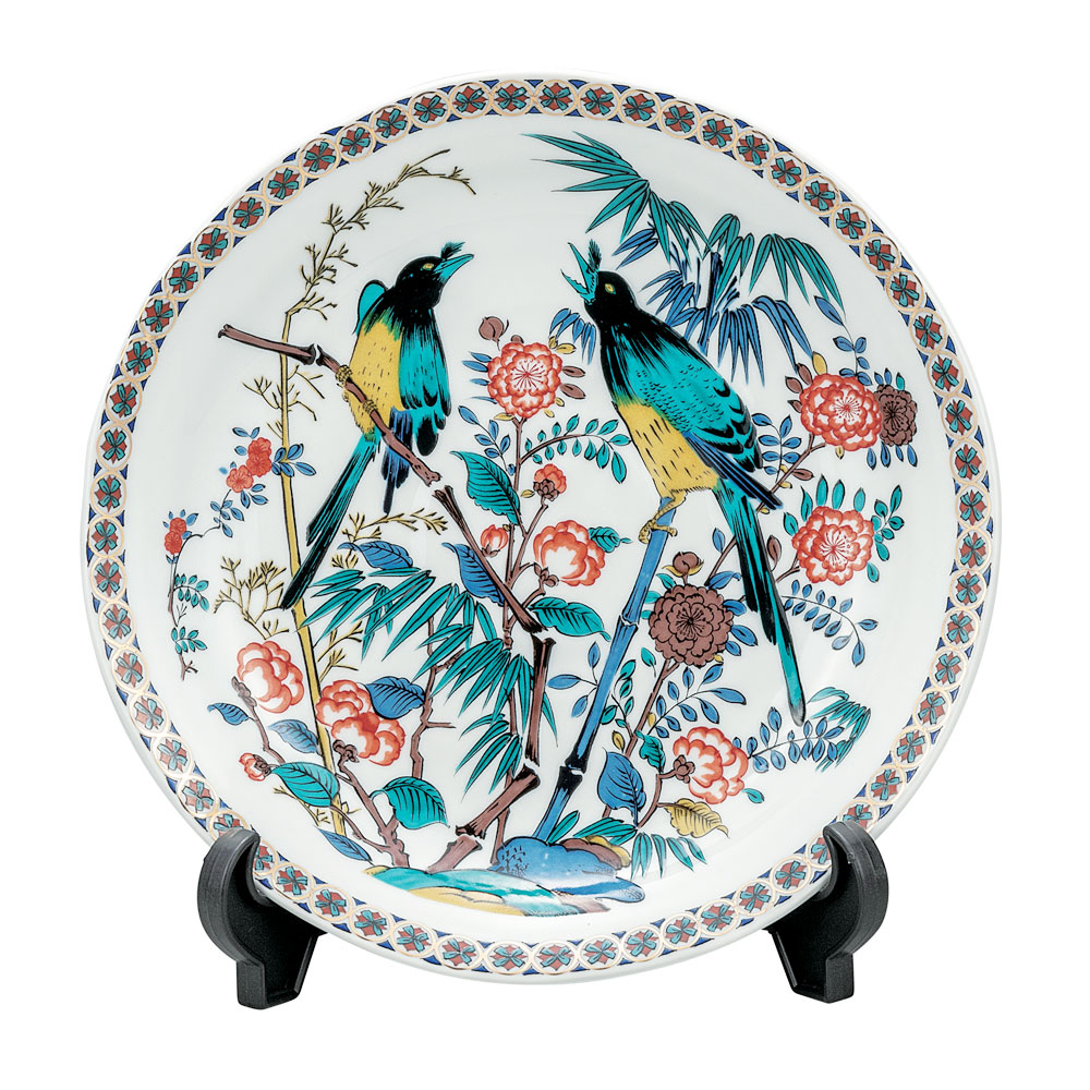 美品 九谷焼 九谷仙龍 大皿 飾皿 古九谷花鳥（皿立付）30cm 美品