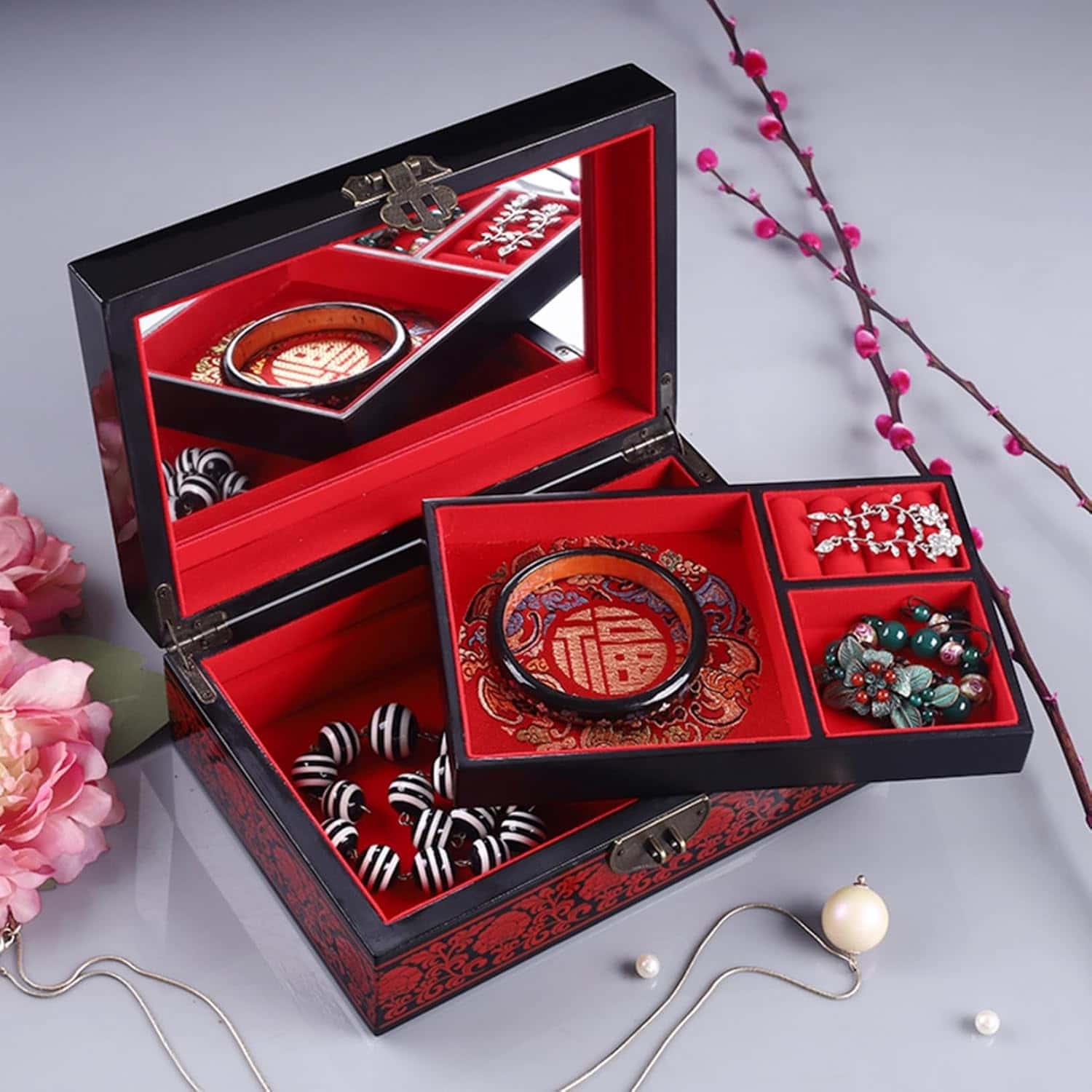 黒塗螺鈿箪笥飾り棚玉石木製箪笥花鳥模様