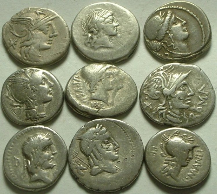 古代ローマのオリジナル銀貨1枚、共和政ローマのデナリウス、アポロの