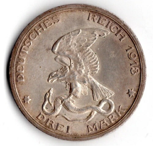 1913年 ドイツ帝国/プロイセン、ヴィルヘルム2世 銀貨 3マルク 1913年