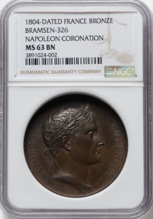 ナポレオン - 1804年ブロンズ「戴冠式」メダル - NGC MS63BN