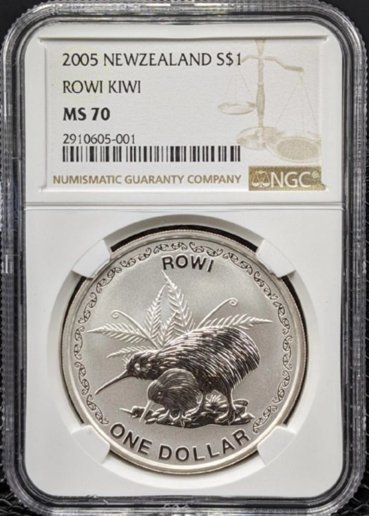 2005年ニュージーランド・ローウィ・キウイ銀貨 NGC MS70