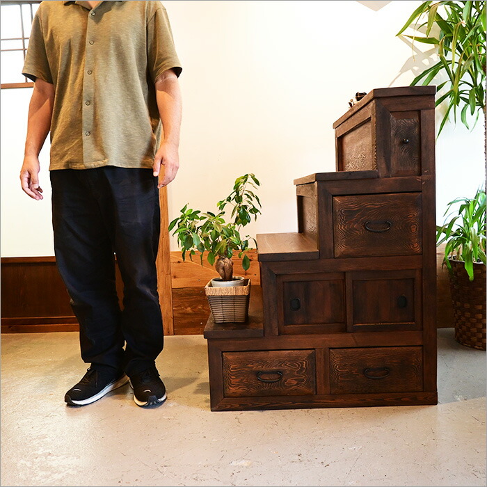 DIC112 明治大正期 和製アンティーク 階段箪笥 特大7段 左上がり