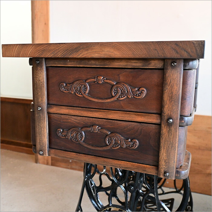 アンティーク※ SINGER足踏みミシン脚のテーブル ケヤキ天板 アイアン