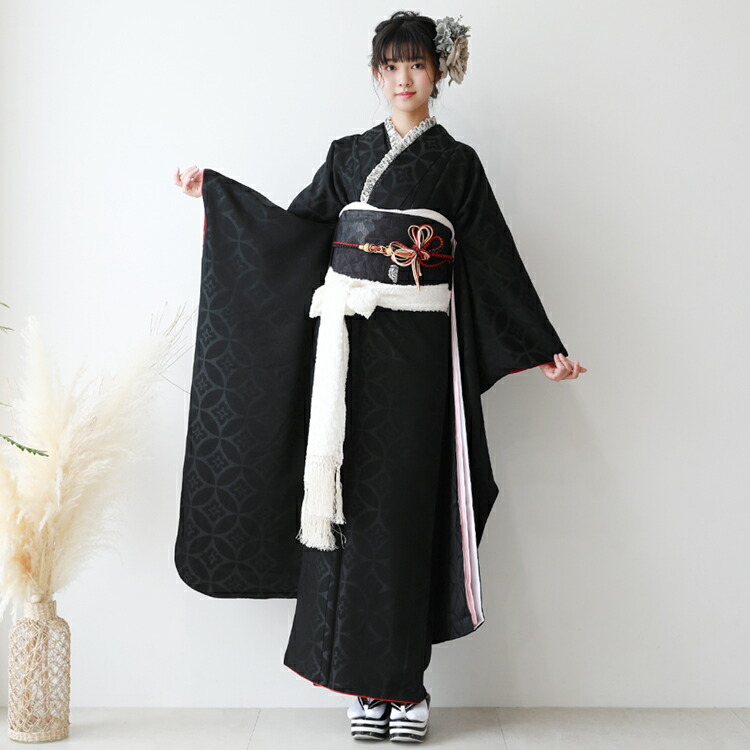 振袖7点セット□トールサイズ174cm帯新品帯締め花フルセット黒成人式BS34