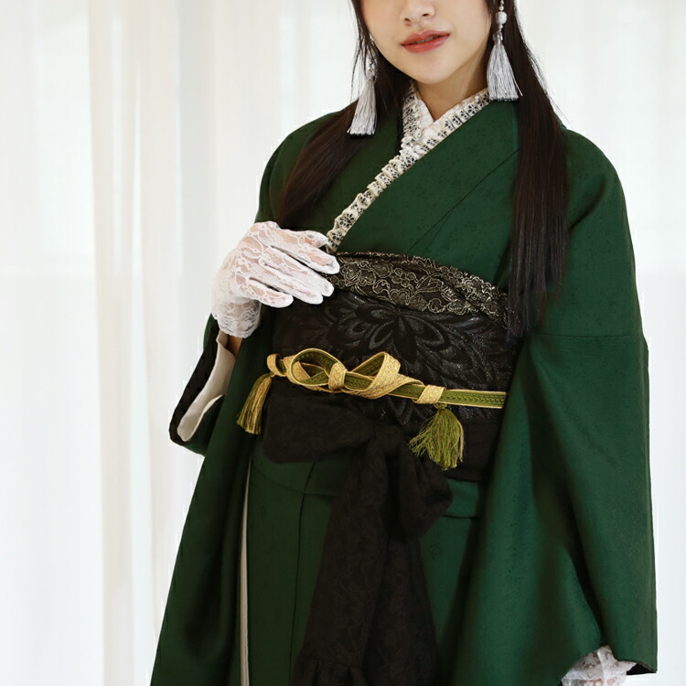 無地振袖・帯2点セット深緑シンプル成人式帯新品ヴィンテージ