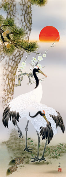 春雪作】丹頂鶴と亀 松竹梅 美品 高級掛軸 日本画 縁起物 sc1-050-2.jpg