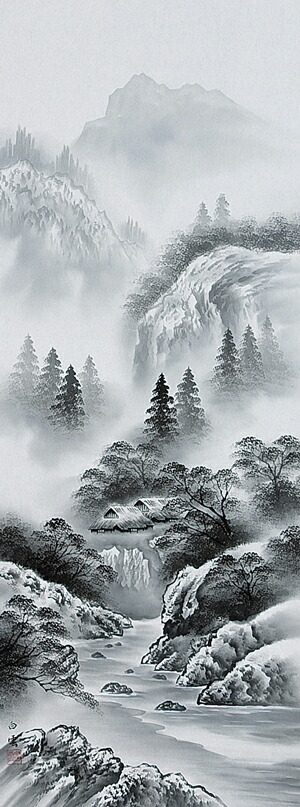 中国水墨山水画 風景 水墨山水掛け軸 中国画 風景画 山水図 絹本 落款 軸先