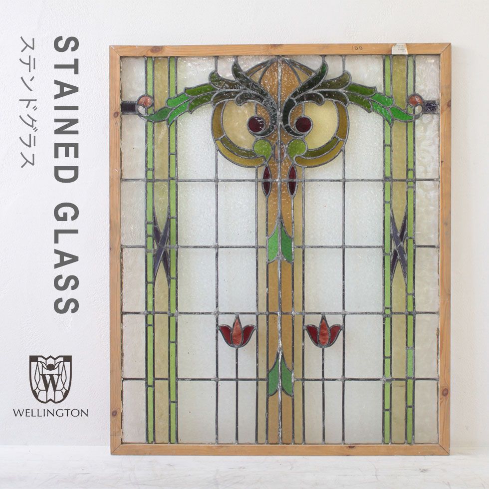 フランスアンティーク ステンドグラスの小窓 レトロ硝子 窓 扉 家具