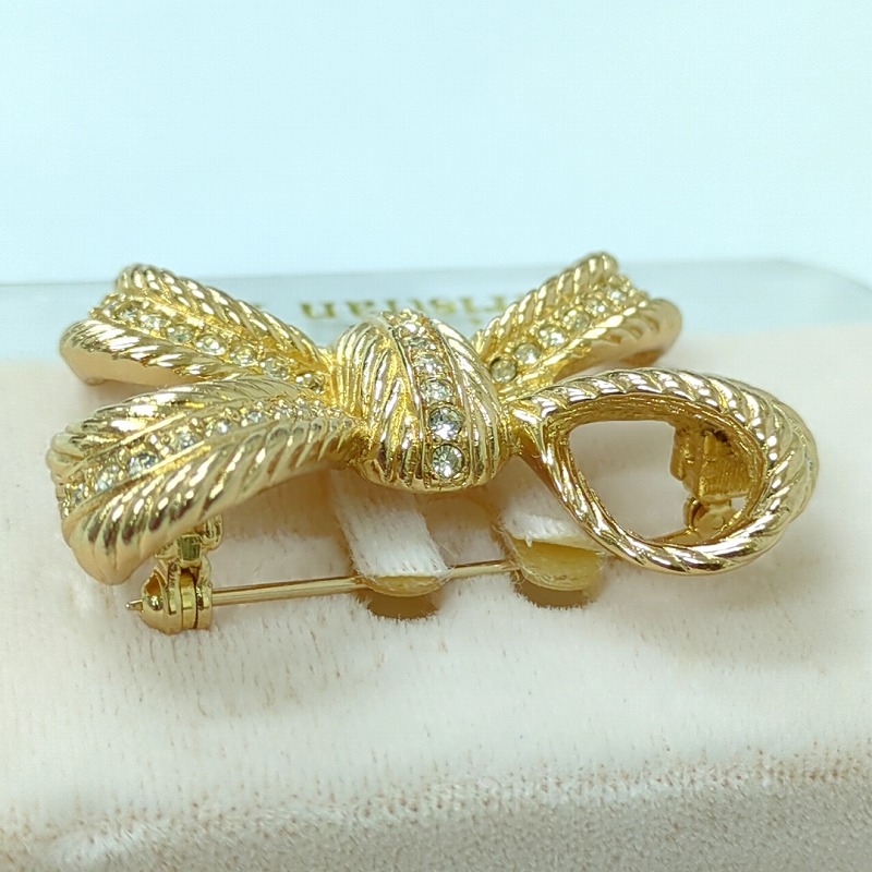 超美品】Christian Dior ブローチ リボン ストーン ロゴ クリスチャン