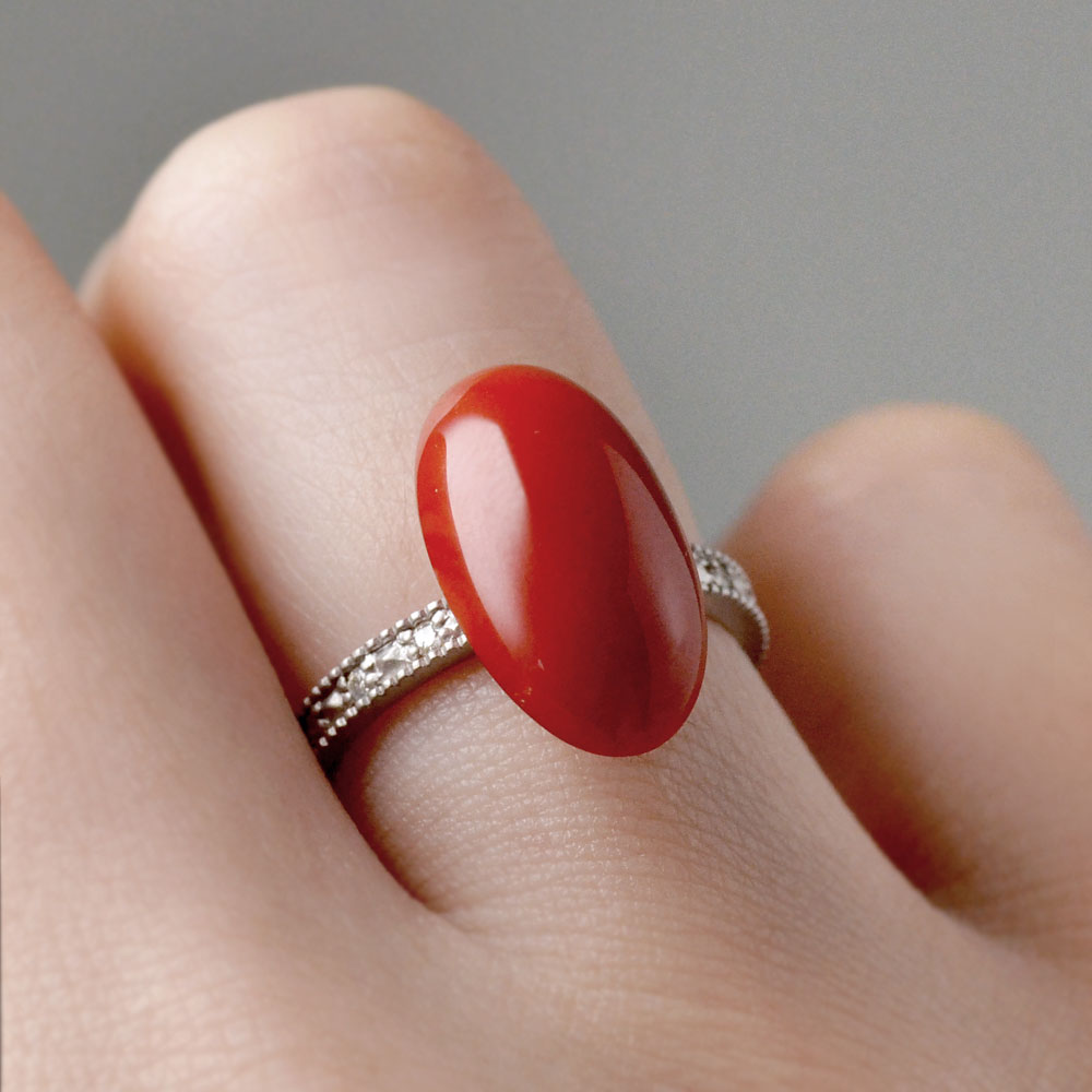 専用アンティークK14YG珊瑚サンゴリング ミルグレインに手彫り 色の